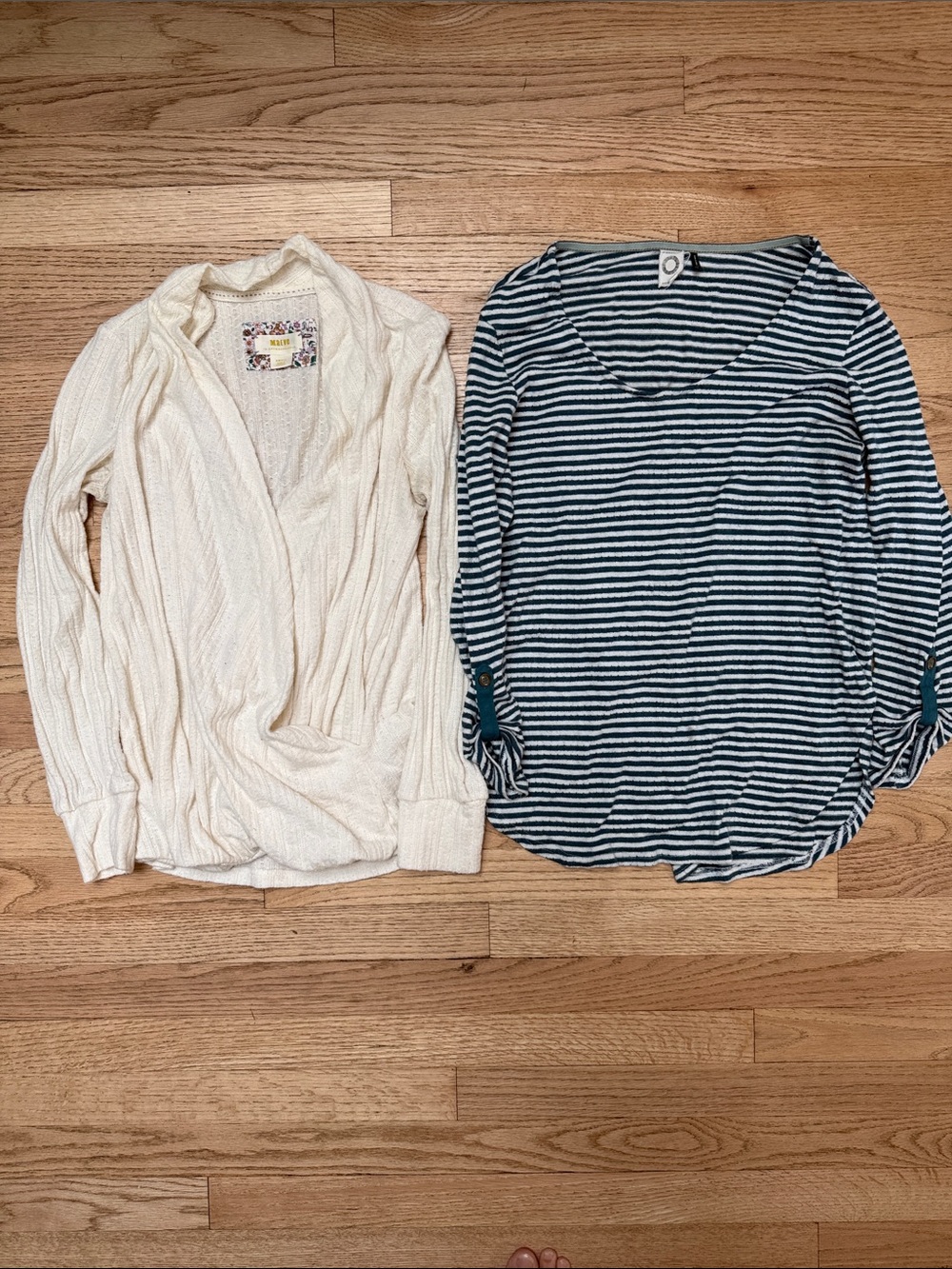 Anthropologie Bundle - Cream Knit Wrap Cardigan and Teal Striped Tee